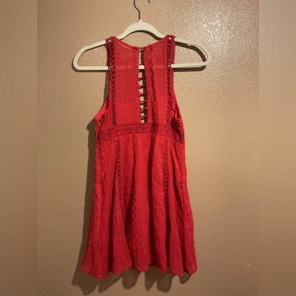 Free People Red Lace Embroidered High Neck Fit and Flare Romantic Boho Dress A1 - Picture 2 of 3
